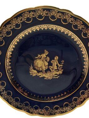 Vintage Limoges plate THE PROPOSAL, FRANCE COBALT blue &gold embellished inlay